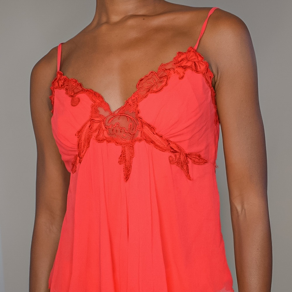 90s Vintage Renato Nucci Silk Lace Embroidered Cami Top in Tomato Red - Picture 2 of 4